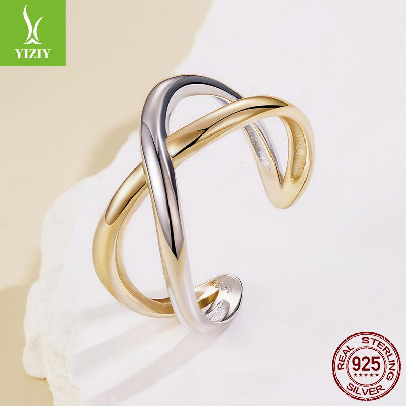 Color Separation Electroplated Metal Sense Staggered Opening Ring S925 Sterling Silver Line Interwoven Double-Layer Ring