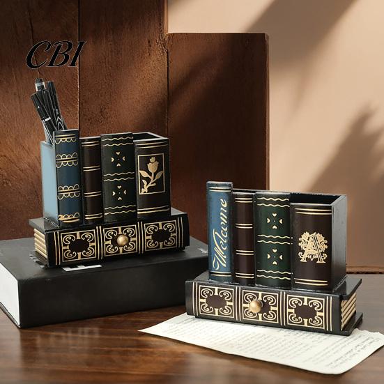 British Style Desk Accessory Wooden Book-Shaped Pen Holder, Retro Organizer with Drawer, Holder Creative Storage Container for Pens Notes Paper Clips