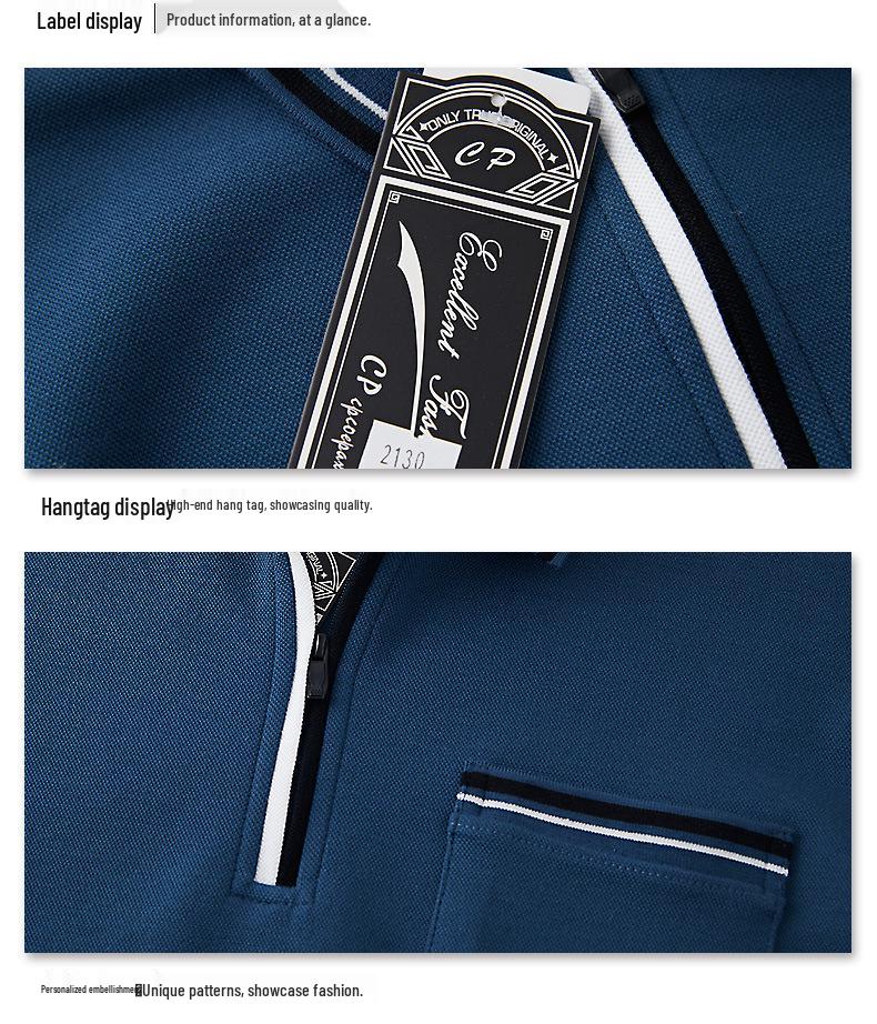 Pánské bavlněné polo s dlouhým rukávem na zip ve větších velikostech s klasickým límečkem pro podzim a zimu