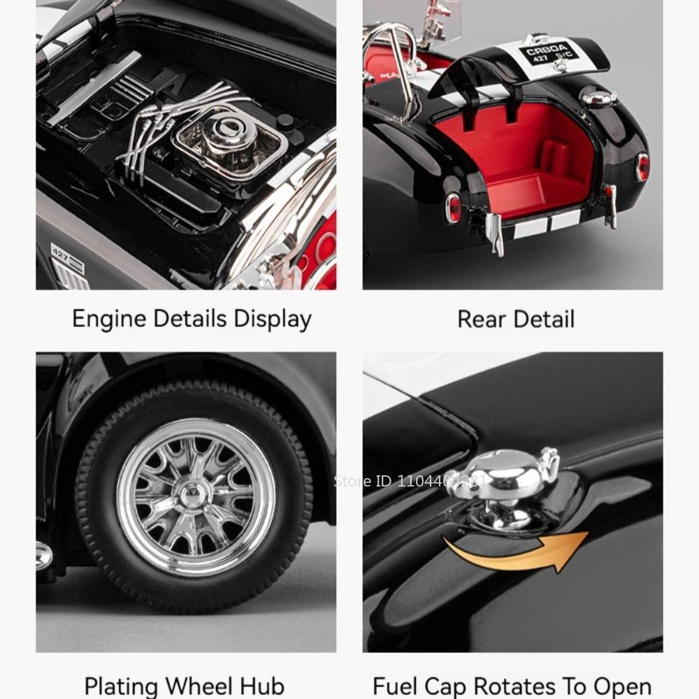 1:24 Shelby Cobra Phantom Miniature Toys Car Diecast Alloy Model Doors Opened Sound Light Pull Back Vehices Kids Christmas Gifts