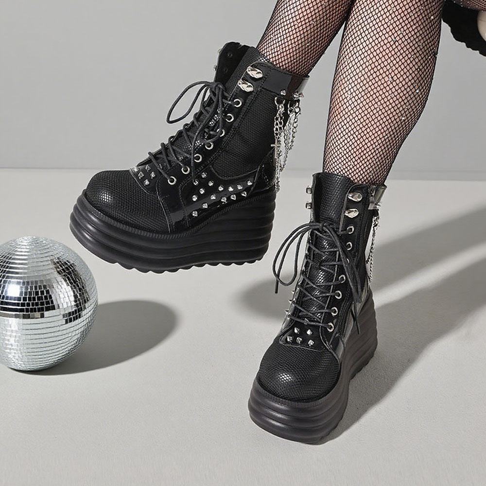 Gothic Y2k Women Ankle Punk Wedges High top Heels Platform Stacked Sole Metal Rivet Chain Decor Short For Woman Autumn W