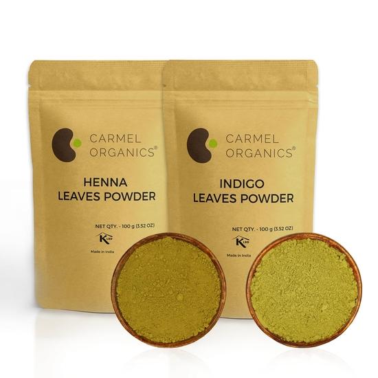 

CARMEL ORGANICS Комбо порошков хны и листьев индиго для окрашивания волос (По 100 г каждый) | Без добавления консервантов и добавок | Без ГМО