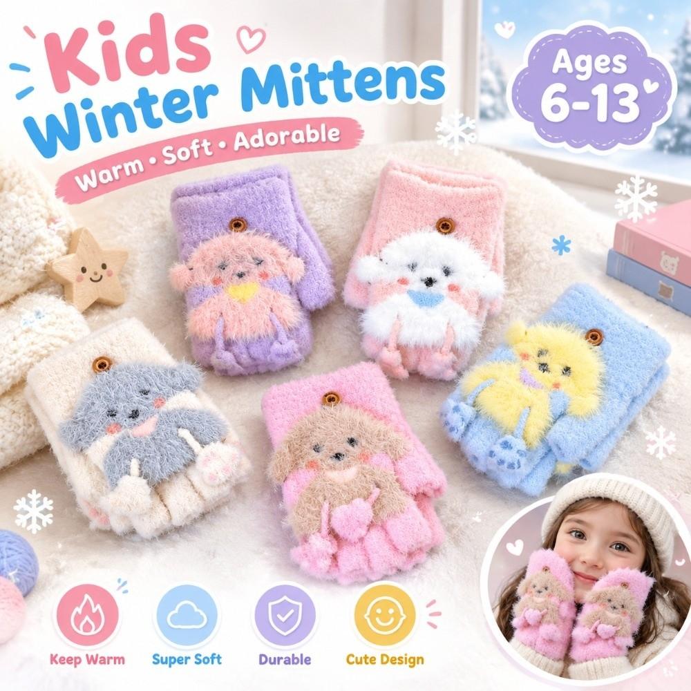 Thick Warm Cartoon Convertible Gloves Polyamide Bear Flip Top Gloves For Students