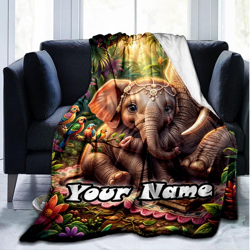 1PC Custom Name Elephant Family Jungle flannel blanket versatile,all-season throw suitable for the living room,bedroom,camping,travel,and gift