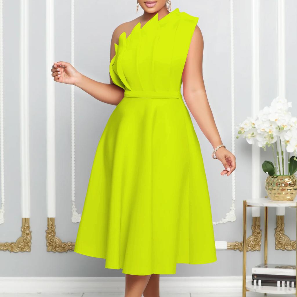 Summer Women's Dress Plus Size Sexy Slant Neck Stereoscopic Wrinkle High Waist Banquet Dress Party Dresses