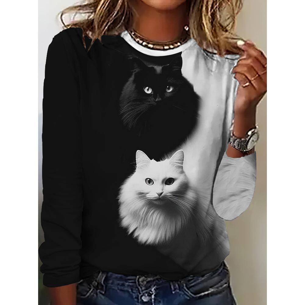 Women's T-Shirt Casual Long Sleeve Animal Pattern Print Street Crew Neck Female Oversized Clothing