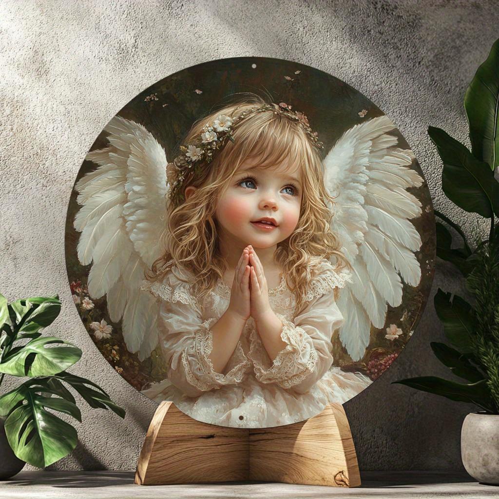 1 Stück runde 2D-Wandkunst aus Holz mit Engelsmotiv, ideal für Tür, Wand, Zuhause, Zimmer, Bauernhaus, Straße, Geschäft, Garage, Bar, Garten und Kaffeehaus-Dekoration
