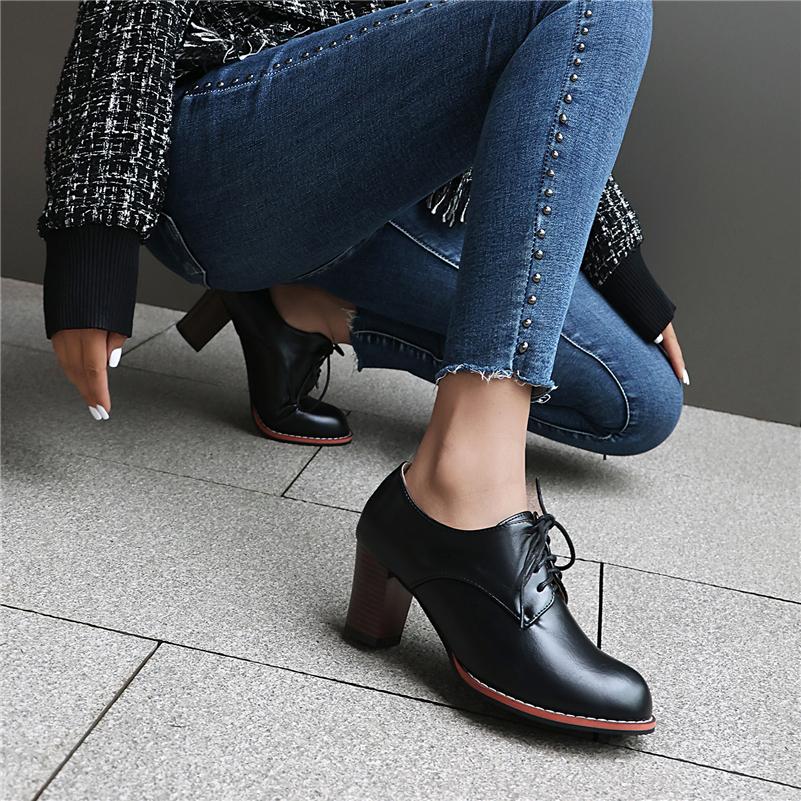 FOREADA Women PU Leather Pumps Round Toe Thick High Heels Lace-up Concise Design Ladies Fashion Shoes Spring Autumn Green Black 44