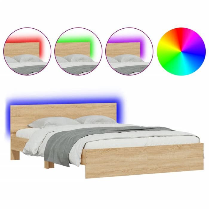 VidaXL Bed Frames with Headboard and LED, Double Bed with Slatted Base, Adult Bed, Bedroom Furniture, Modern, Oak 3207597