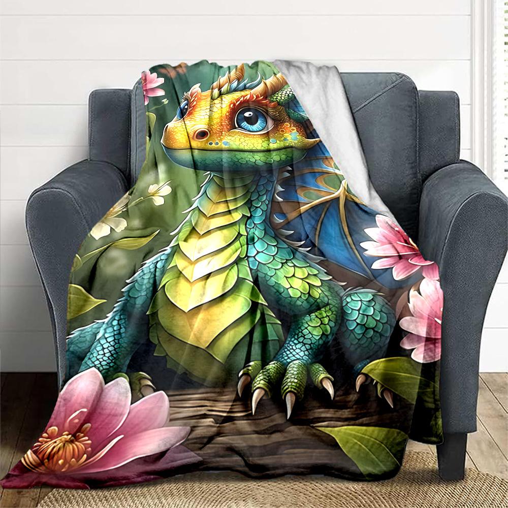1pc Dragon Flowers Blanket, Lightweight Flannel Throw Blanket For Sofa, Bed, Travel, Camping, Living Room, Office, Couch, Chair, And Bed
