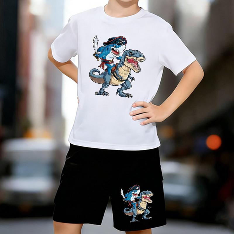 

Boys 2 Piece Shark and Dinosaur Print outfit, Short Sleeve T-Shirt and Shorts Set for Kids Age 5-14,Black ,White Sporty Casual Summer Clothes 13-14 Years білий