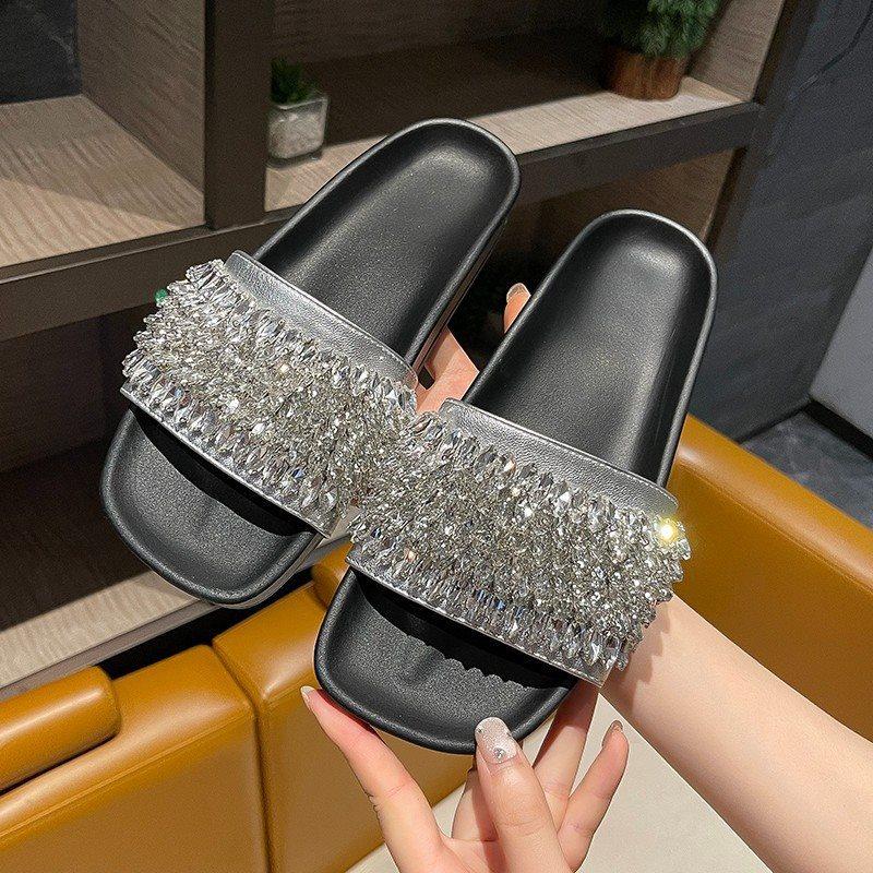 Cool Slippers Women'S Summer Fashion Outer Wear Casual Open-Toed Sandals Flat Bottom One-Word Buckle With Rhinestones