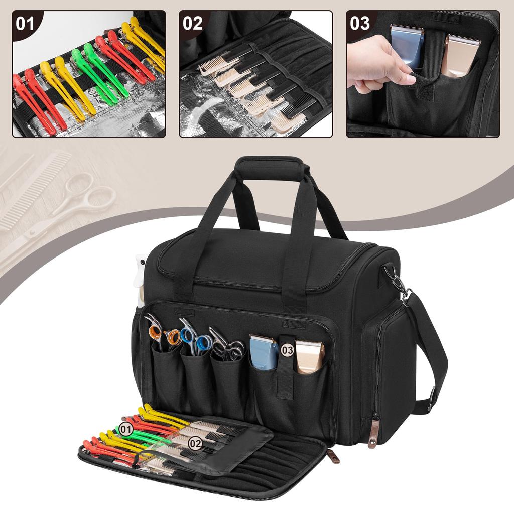 BAFASO Barber Tool Bag Black, Hairdressing & Grooming Supplies Organizer with Dividers, 2 Storage Pouches & Insulated Lining, Bag Only
