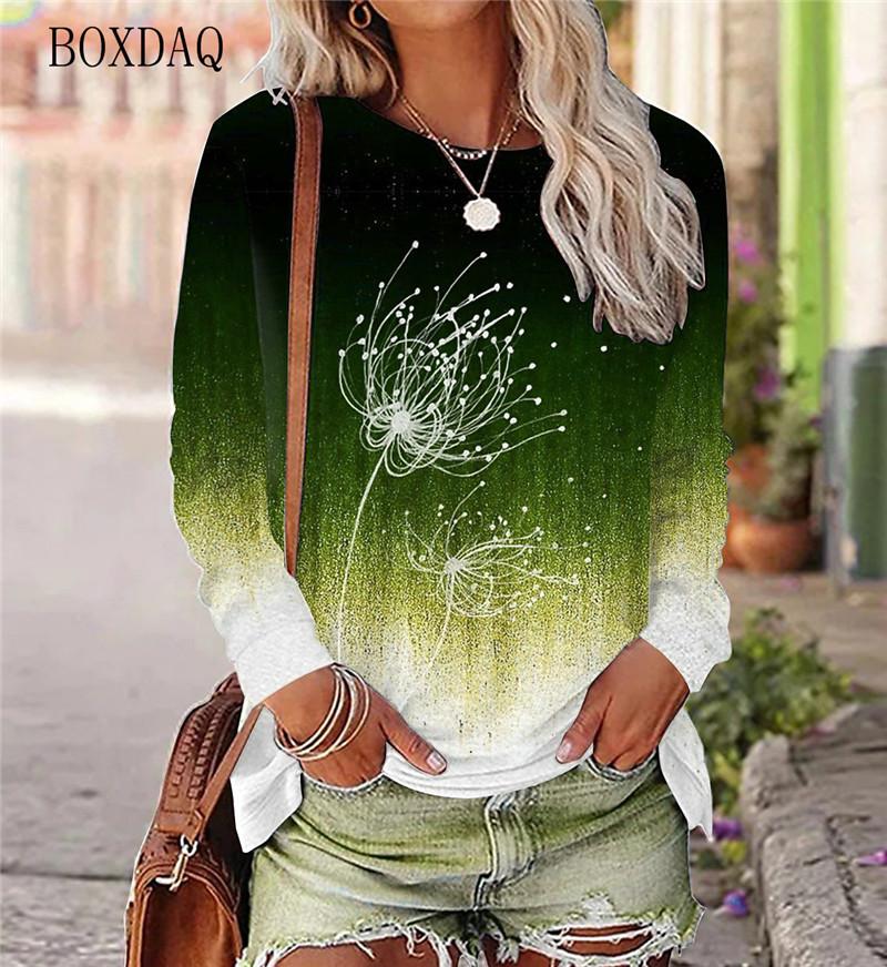 Dandelion Pattern Women's T-shirt Spring and Autumn Long Sleeve Gradient Round Neck Top