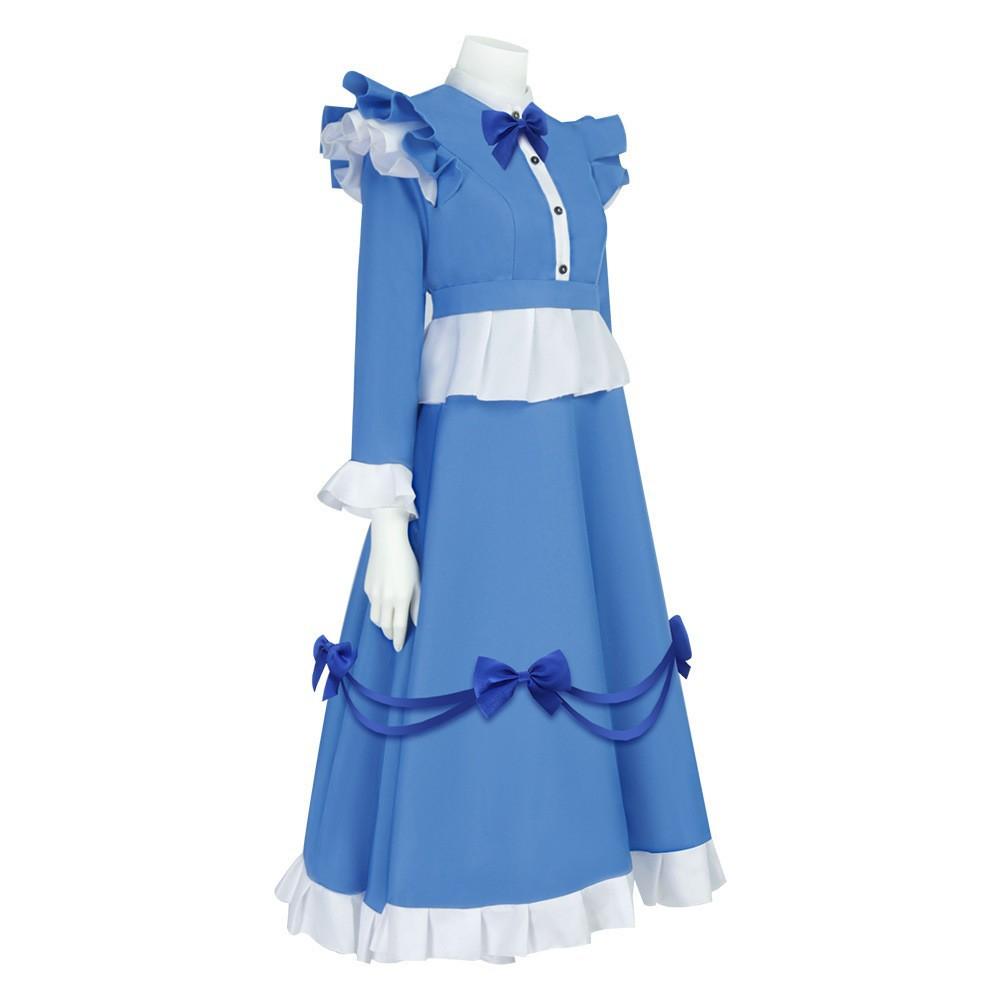 Maid Dress Blue And White Ruffled Bow Long Lolita Dress Red Double Ponytail Curly Wig Cosplay Halloween-themed Party Costume