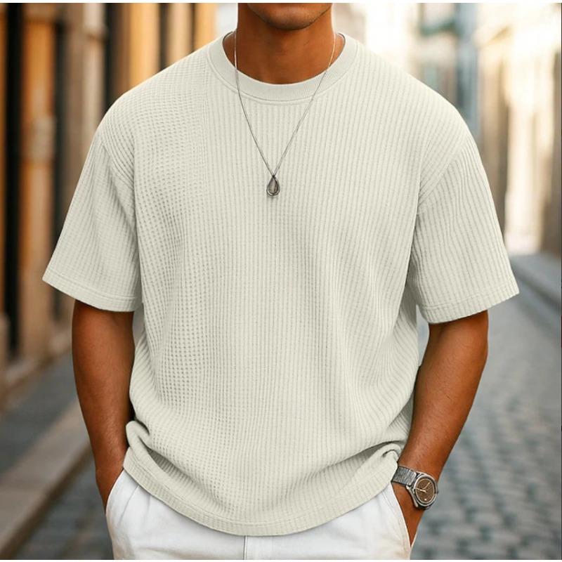 Summer New Men's Casual Solid Color Waffle Crew Neck Loose Short-sleeved T-shirt