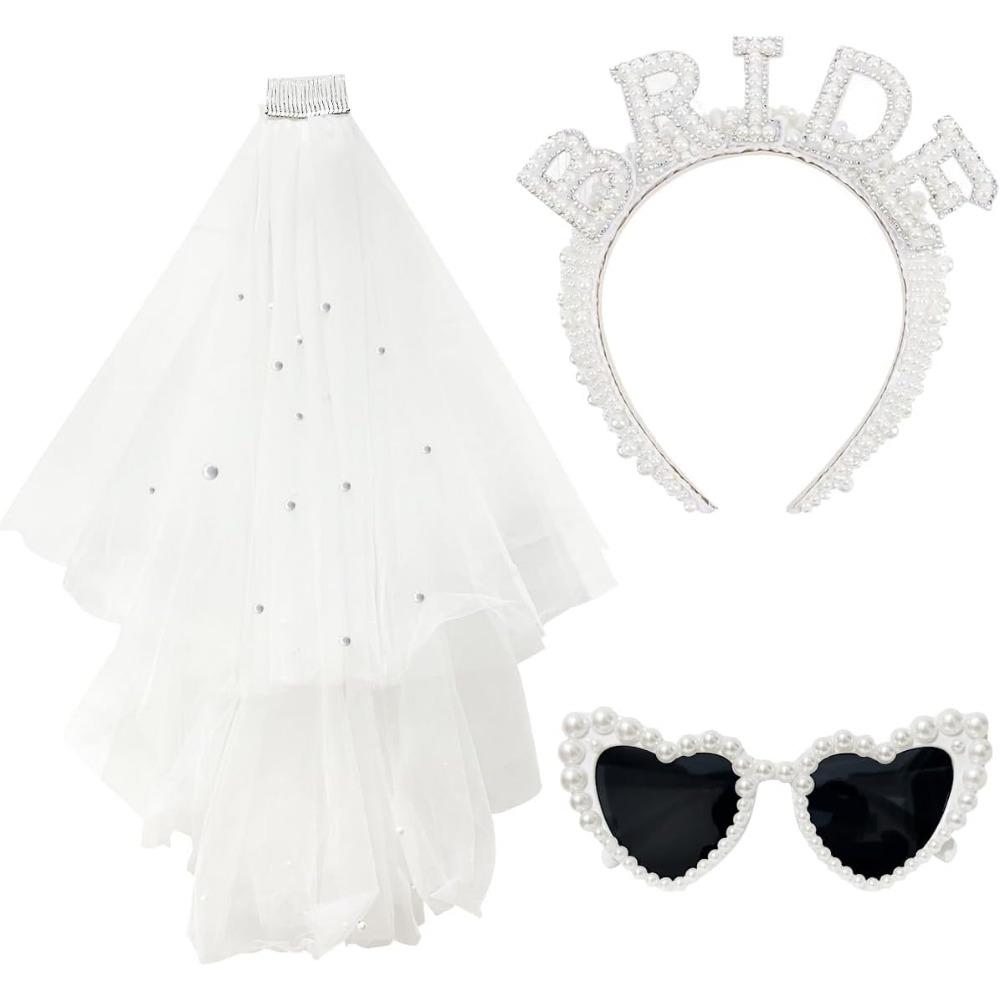 

Жемчужная повязка на голову для невесты с фатой Сердцевидные жемчужные солнцезащитные очки для невесты Декорации для девичника Свадебные аксессуары Свадебные С