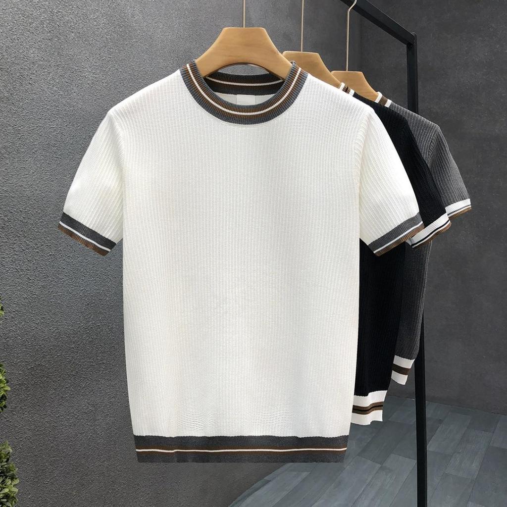 Summer Men's White Striped Short-Sleeve Knit Top
