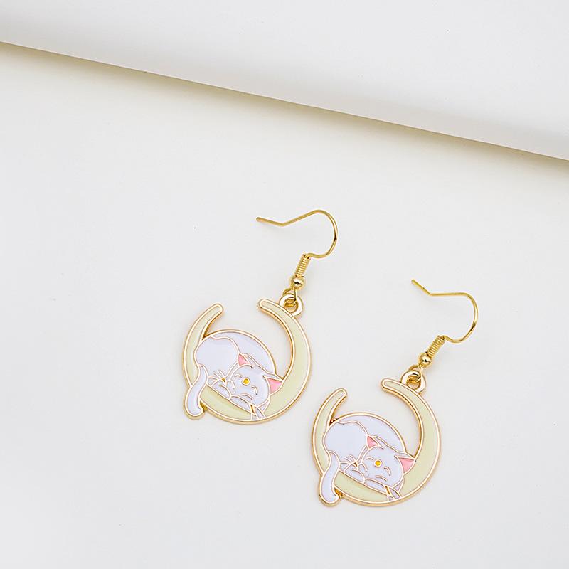 New Lying Moon Cat Star Earrings, Face Skinny Ear Hook Girl Cartoon Cute Ear Accessories