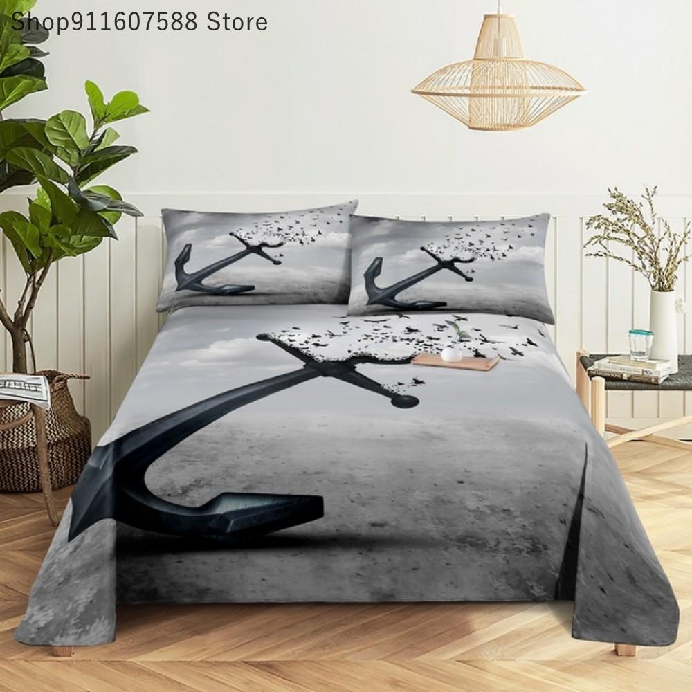 Boat Anchor Blue And White Stripes Bed Sheet Set 3D Printed Navy Bed Flat Sheet With Pillowcase Bed Linen King Queen Size