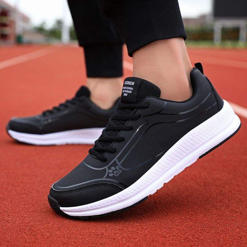 Men's shoes spring and autumn leather waterproof running shoes black oil-proof casual travel shoes sports shoes men