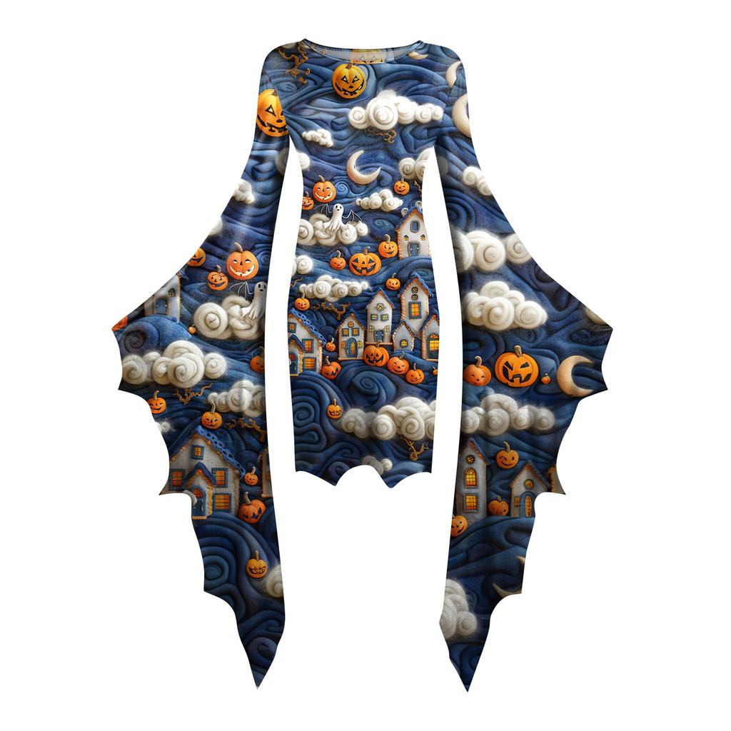 Women Fashion Gothic Punk Bat-Sleeve 3D Cute Halloween Print Irregular Party Dress