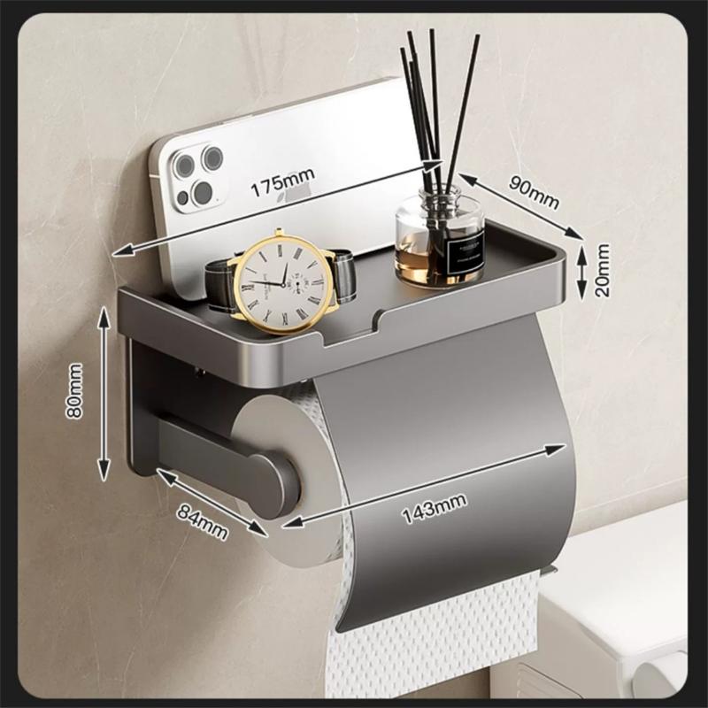 Gray Toilet Paper Holder with shelf Aluminum Black Tissue Paper Holder Milk Cream Paper Roll Holder With Phone Storage Shelf