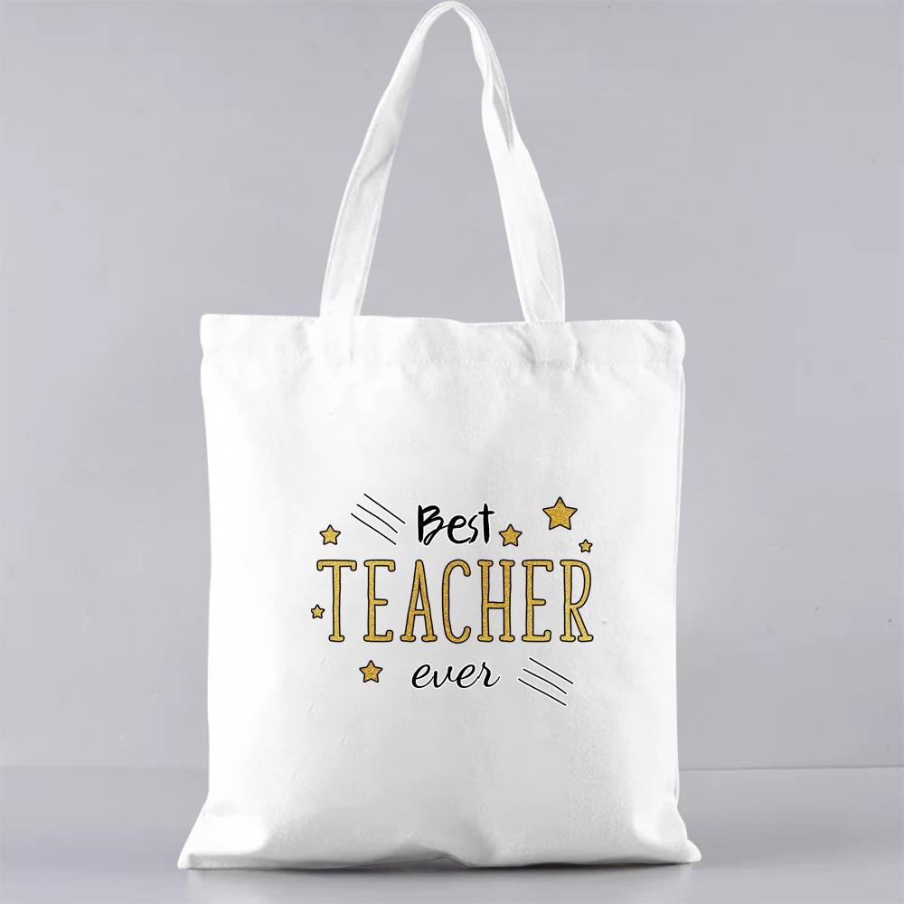 Fashion Shopping Bag Handbag Commuter Casual Shoulder Bag Reusable Canvas Bag White Cartoon Teacher Pattern Printing Tote Bag
