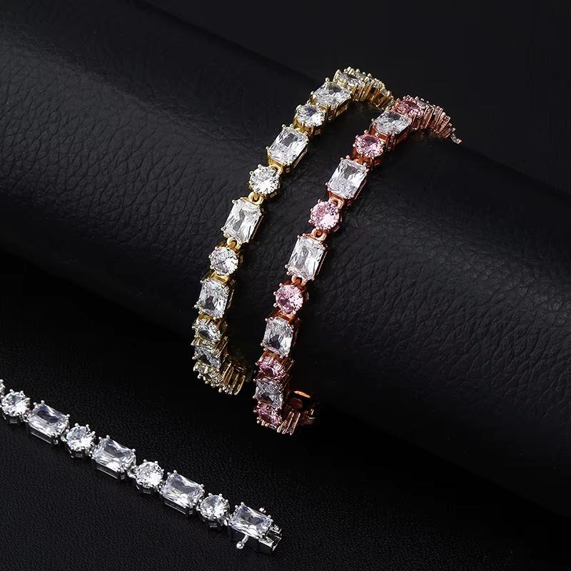 Factory Brass Prong Setting Alternating Round & Emerald Cut CZ 6mm Tennis Bracelet Hip Hop Y2K Style Women Jewelry