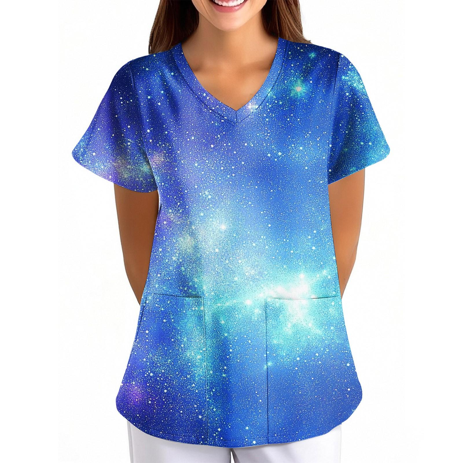 

Женская Свободная Униформа с V-образным вырезом, карманом и короткими рукавами, с принтом «Небо» XL чёрный