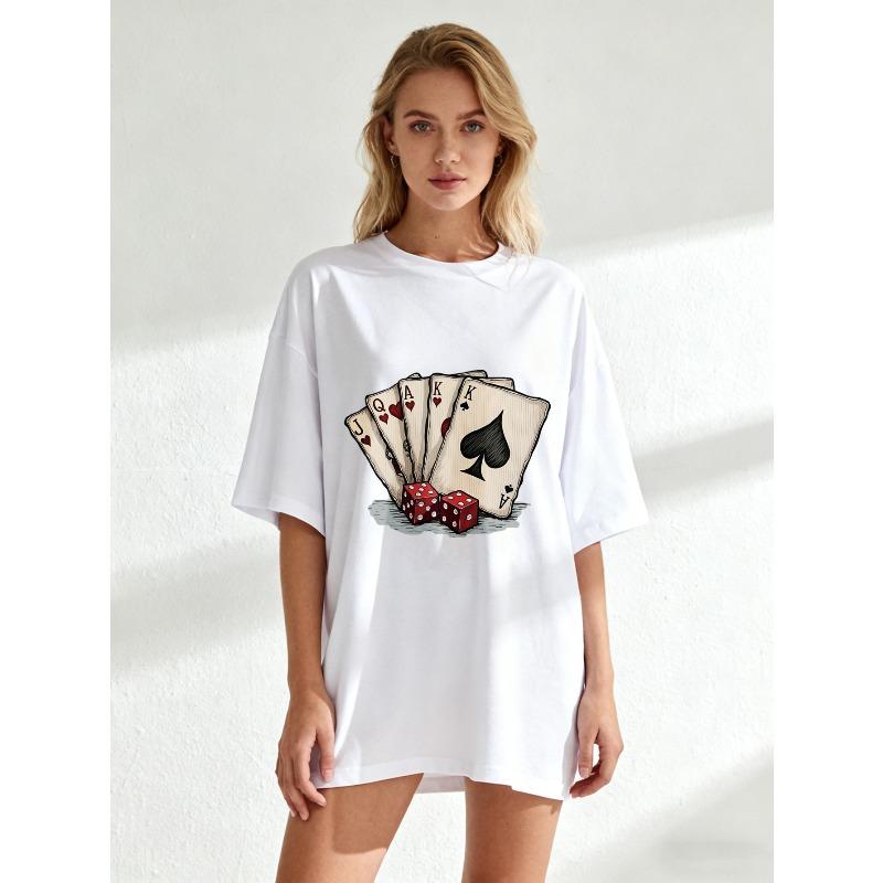 Casual Oversized T Shirt Black Playing Cards And Dice Print For Everyday Wear And Casual Outings