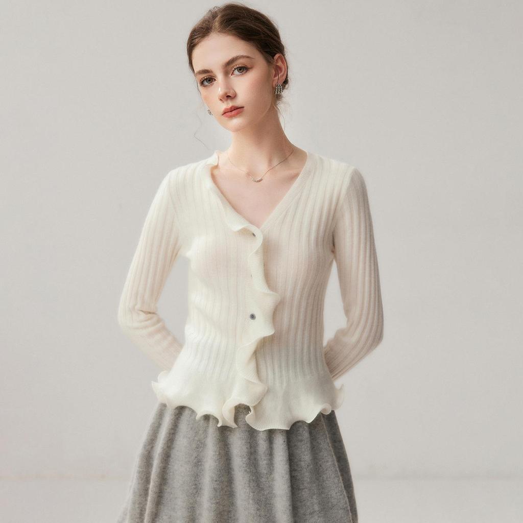 Elegant 3D Wave Edge Cashmere Ruffle Cardigan - Women's Autumn/Winter Flared Sleeve Knitwear