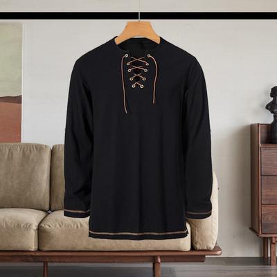 Men's Vintage Lace-Up T-Shirt Long Sleeve Henry Collar Top Spring Autumn Solid Color Tee Shirt for Daily Wear Performances Cosplay