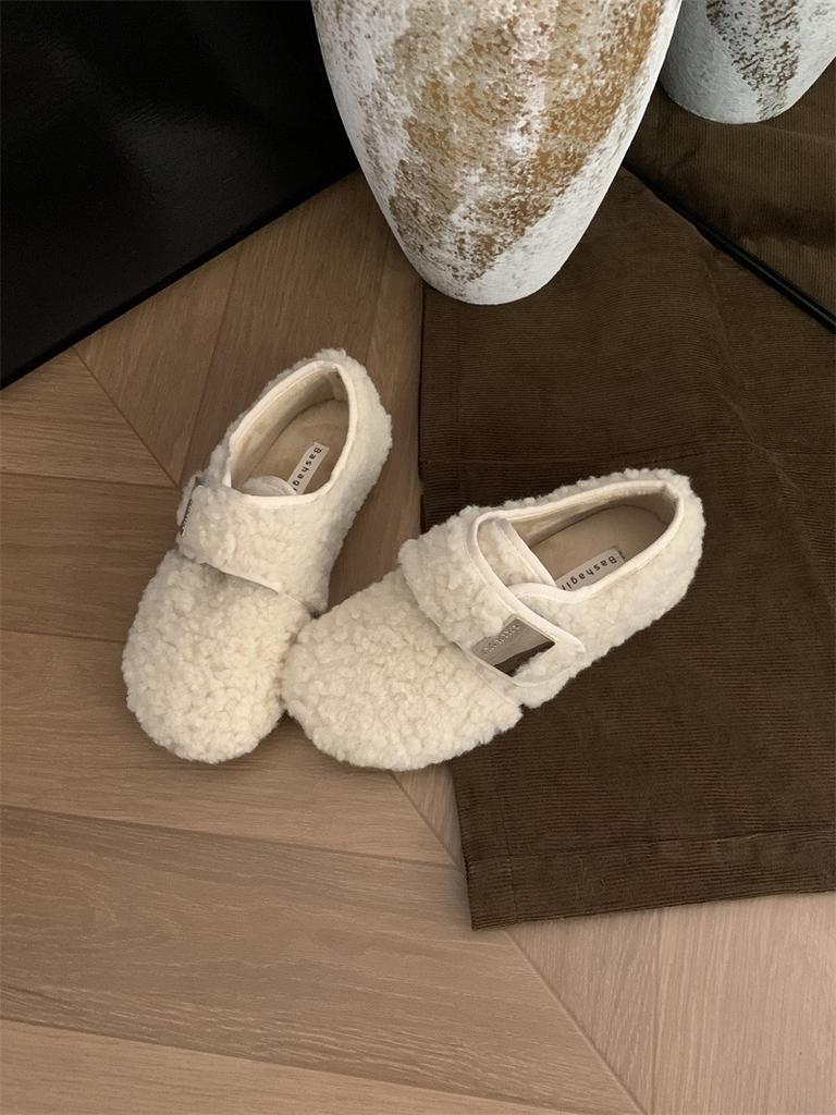 Lammwollschuhe Damen Herbst- und Winterbekleidung 2025 neue Retro-Klettverschluss-Einzelschuhe Damen flache Beanieschuhe Samt