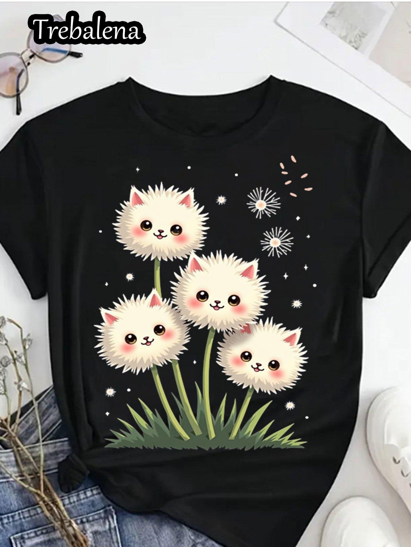 

Plus Size Women s Round Neck T-Shirt Cute Fluffy Cat Floral Graphic Print Casual Pullover Design for Spring Summer Fall 4XL