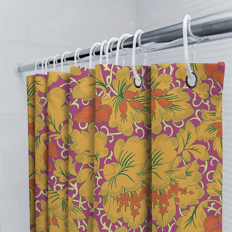 Vibrant Floral Print Shower Curtain For Bathroom Decor Pink Orange Yellow Leaves Pattern Waterproof Fabric Home Decoration Item