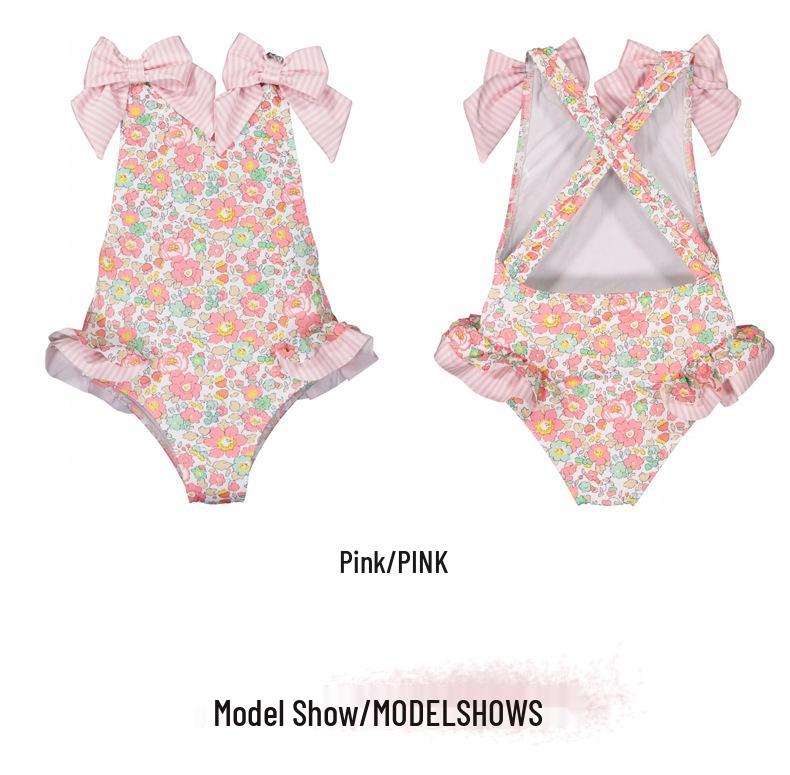 Summer Girls' One-Piece Swimsuit: Cute Blue and Pink Print