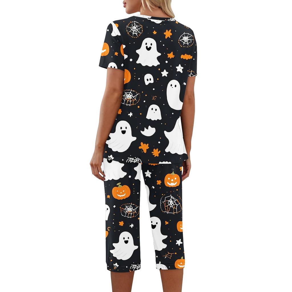 Dvoudílné soupravy pro ženy Krátký rukáv Top a Kalhoty s kapsami Cvičení Měkké Halloweenský potisk Soupravy