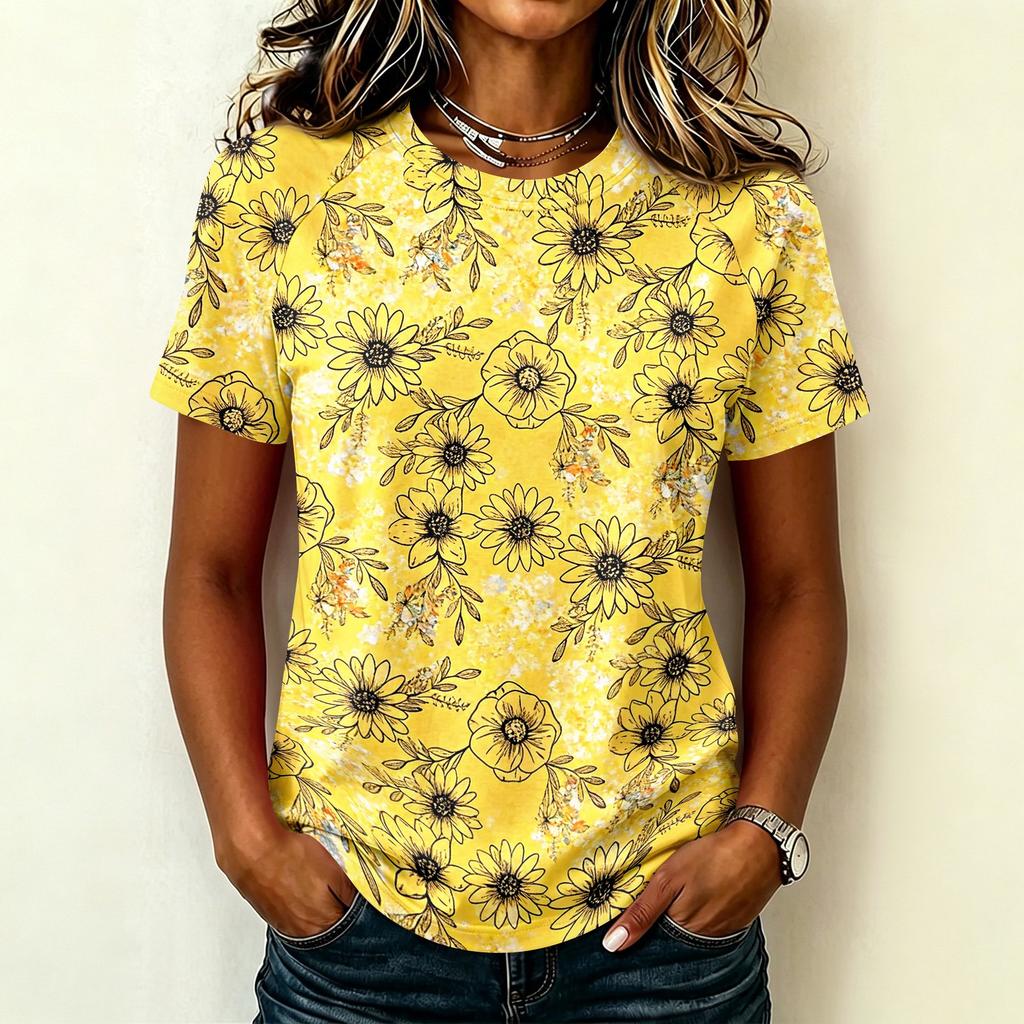 Women's Casual Raglan Sleeve Floral Print Short Sleeve Top Round Neck Lightweight Blouse Soft Fabric Relaxed Fit Summer Shirt