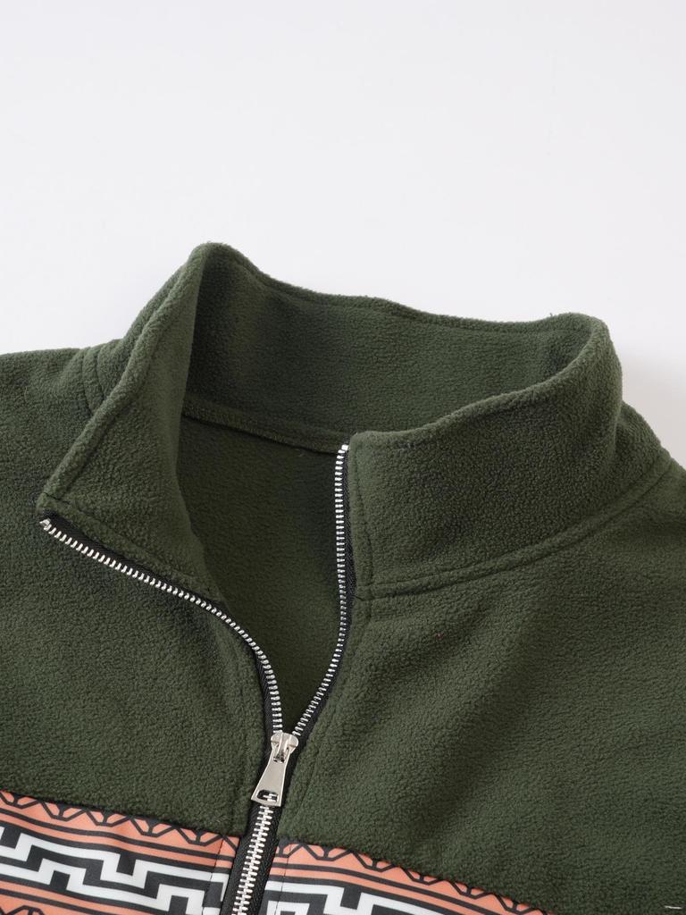 Men's Autumn/Winter Half-Zip Fleece Stand Collar Color Block Jacquard Sweatshirt