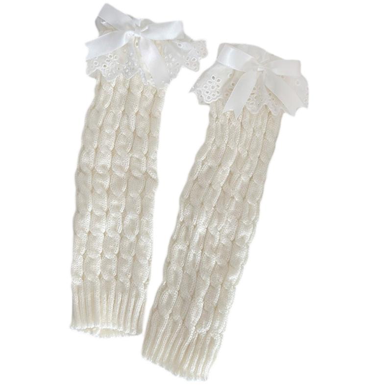 Winter Autumn Twist Cable Knitted Leg Warmers Cute Bowknot Ruffled Lace Foot Covers Middle Tube Calf Socks for Women
