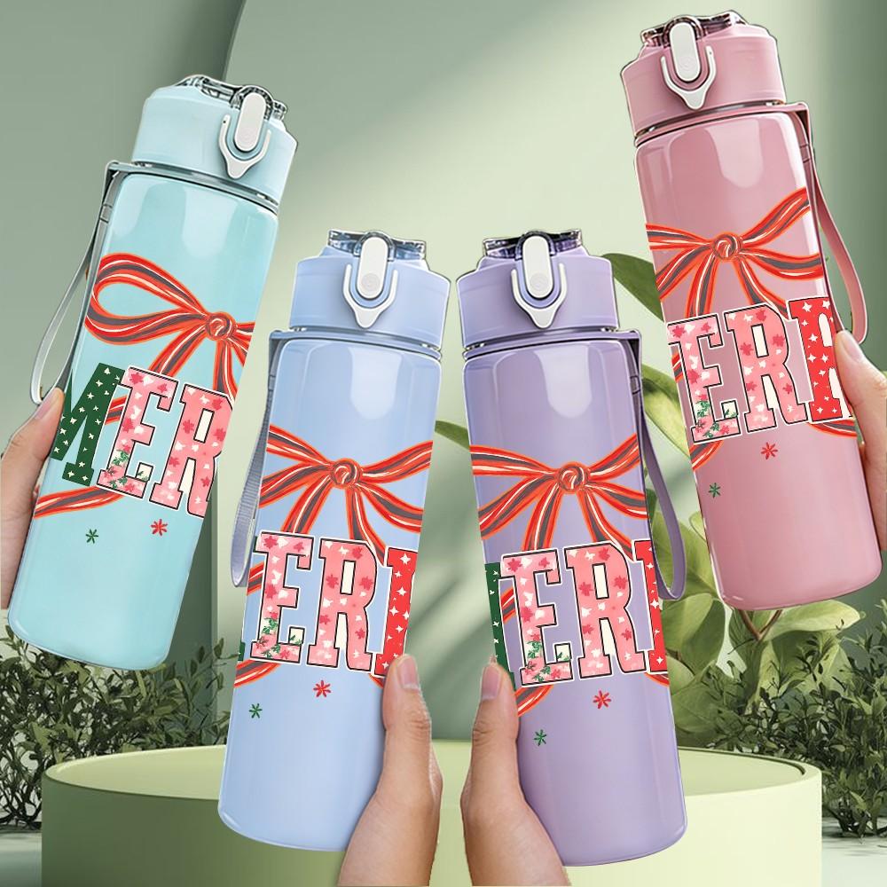 1PC Merry Red Bow Letter Print 750ml Color Plastic Sports Water Bottle Leakproof Flip Straw Lid Suitable for Sports Office Home Use