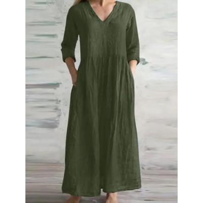 Baumwolle Leinen Lose Lange Kleider Für Frauen 2025 Frühling Herbst Neue Casual Halbarm V-ausschnitt Maxi Kleid Einfache Stil Dame Vestido