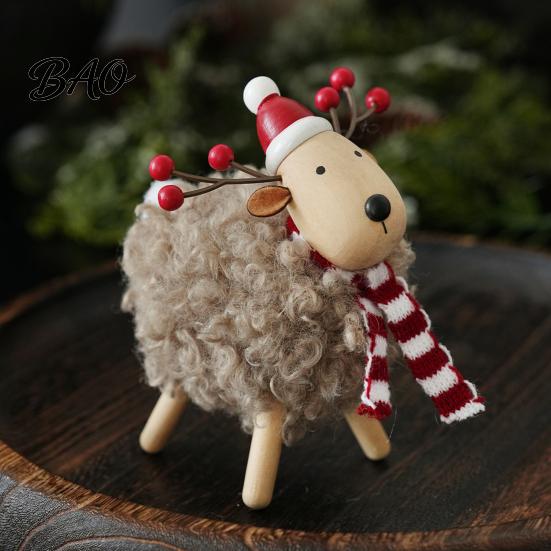 Cute Animal Table Decorations Wooden Christmas Sheep Figurine with Scarf Santa Hat, Plush Fleece Versatile Wood Art Pieces Lamb Tabletop Ornament,