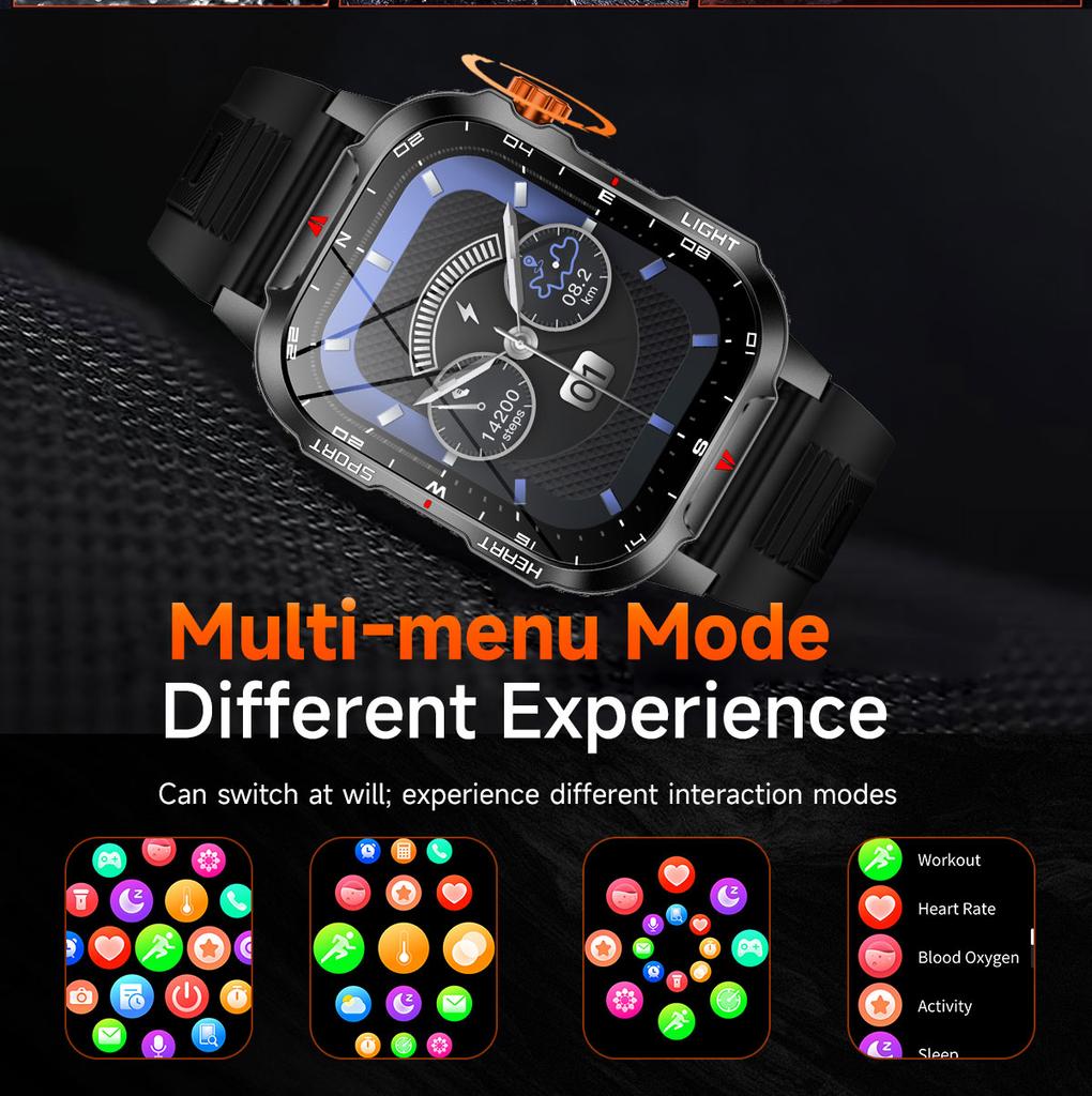 2025 New Men's Smart Watch Bluetooth Call 1100mAh Large Battery 60 days standby time 2.01 inch Screen IP68 Waterproof Motion Tracker