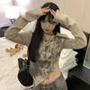 Girls Y2K Tees Zipper Bandage Printed T-shirts For Women Sexy Fashion Tops Long Sleeve Club Bar Wear For Lady