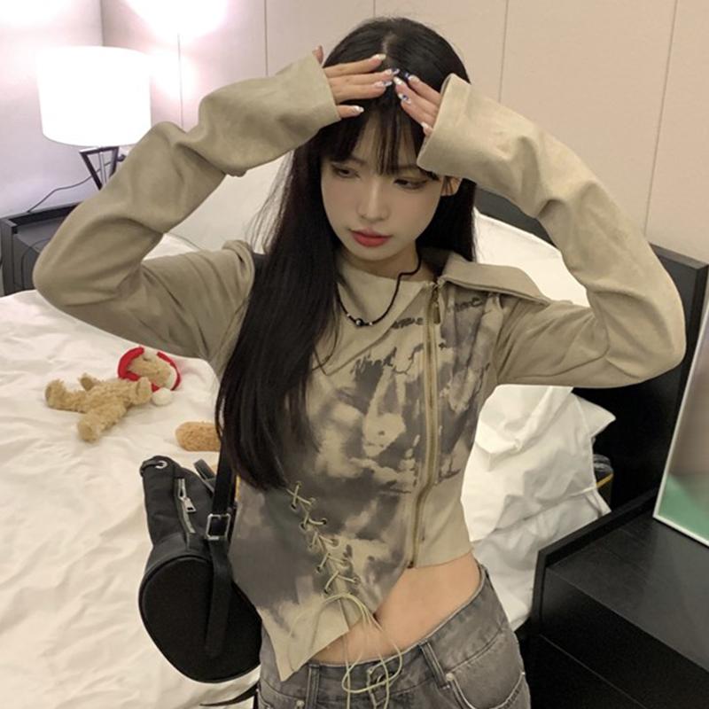 Girls Y2K Tees Zipper Bandage Printed T-shirts For Women Sexy Fashion Tops Long Sleeve Club Bar Wear For Lady