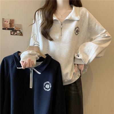 Real Shot Wind Plo Neck Sweater Women's Autumn and Winter Velvet Thin Loose Versatile Embroidered Top