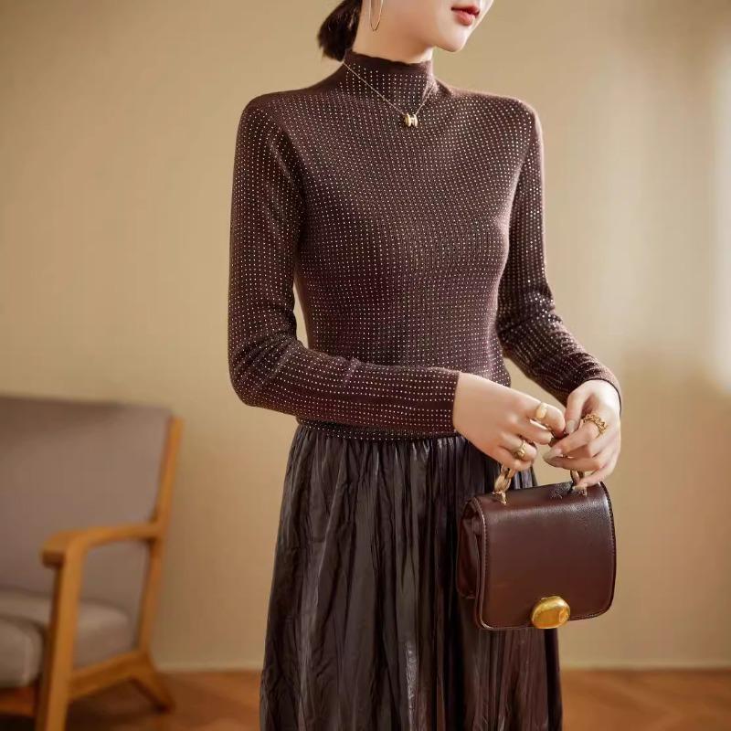 Hot diamond semi-turtleneck silk wool sweater women's autumn slim-fitting and thin knitted bottoming sweater women's sweater