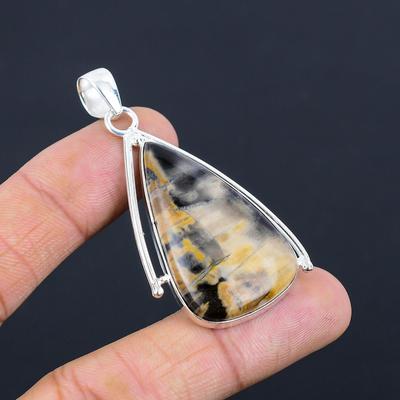 Sterling Silver Ocean Fume Agate Stone Sister Bezel Handcrafted Wedding Pendant